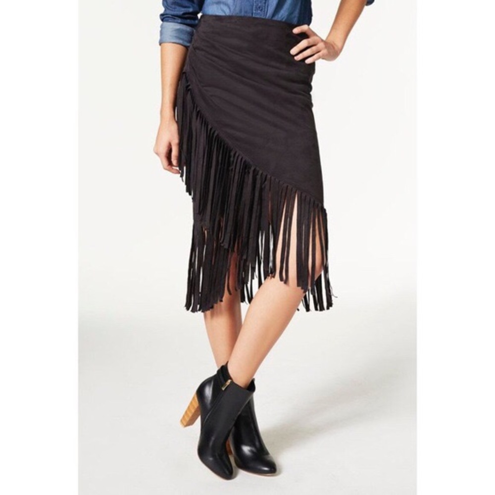 JustFab black Suede Like Fringe Skirt